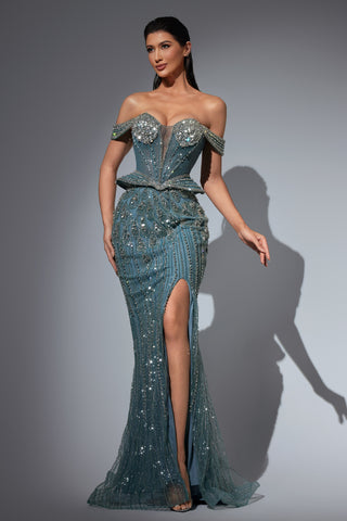 Elegant teal evening gown with high slit