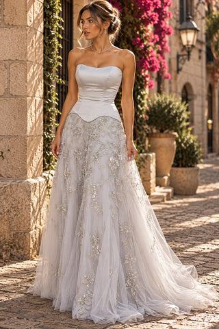 Elvée EV2704 strapless satin corset gown with beaded tulle skirt in Silver