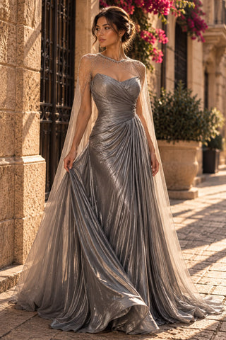 Elvée EV2706 strapless draped metallic gown in Charcoal, shown with beaded tulle cape (sold separately)