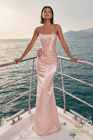 Terani Couture 271E8316 Champagne Strapless Satin Mermaid Gown with Ruching & Rosette