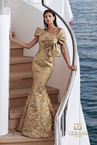 Terani Couture 271M8444 Gold Off-Shoulder Jacquard Mermaid Gown with Statement Bow
