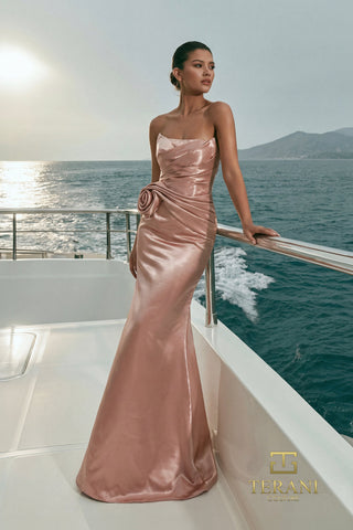 Terani Couture 271E8316 Champagne Strapless Satin Mermaid Gown with Ruching & Rosette