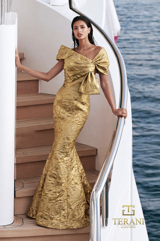 Terani Couture 271M8444 Gold Off-Shoulder Jacquard Mermaid Gown with Statement Bow