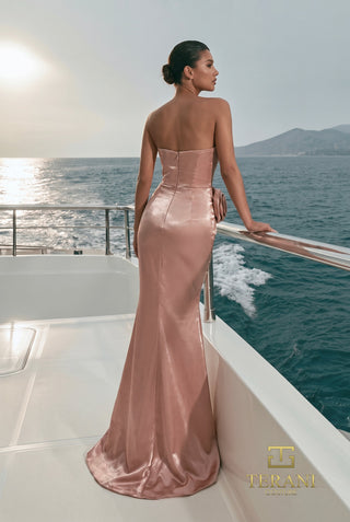 Terani Couture 271E8316 Champagne Strapless Satin Mermaid Gown with Ruching & Rosette
