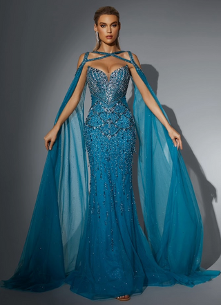 Elegant blue beaded gown with cape - image_2