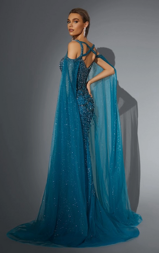 Blue formal gown with cape