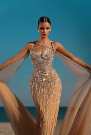 Woman in beaded formal gown with flowing cape.