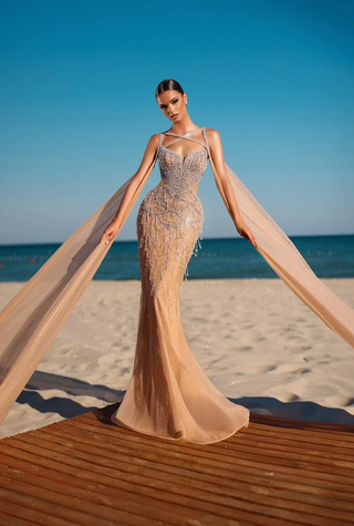 Woman in formal gown on beach.