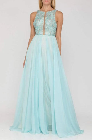 Dusty blue and gold beaded illusion A-line evening dress