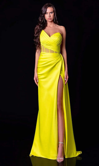 Citrine yellow pleated v-neck sheath dress with slit by Terani Couture